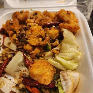Salt and pepper shrimp. I had to call grubhub for a refund. The shrimp was spoiled. It had a funky smell.