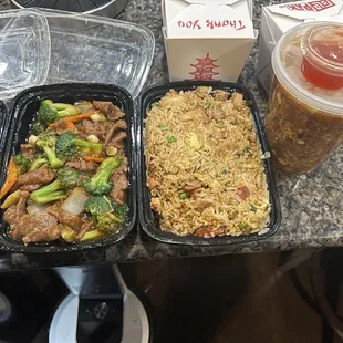 Broccoli Beef, Combination Fried Rice, SP4 Hot and Sour Soup