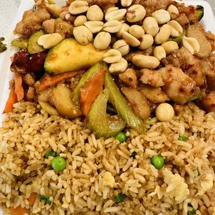 L6. Kung Pao Chicken Lunch with fried rice only. Kung pao chicken is great. Fried rice is bad.