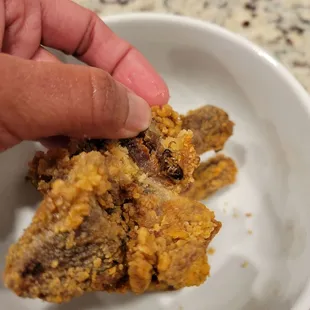 a hand holding a piece of fried chicken