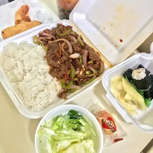 Lunch Special Bento Box w/ Mongolian beef, yellowtail roll. Comes with all this minus the Thai Tea. onoliscious! Huge portions, 4/5 rating!