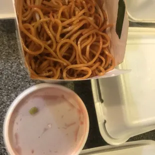 To go Shrimp Lo Mein, medium size bowl of Sweet and Sour pork sauce, rating: 3/5 rating, not bad!
