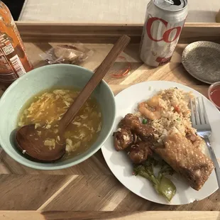 Egg drop soup, Gen. Tso Chicken, Fried rice, Egg Roll