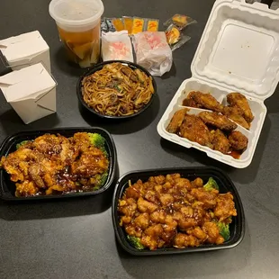 Orange chicken, sesame shrimp, General Tso wings, egg rolls and Wonton soup
