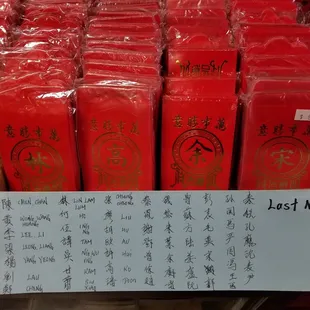 Lucky red envelopes with Chinese last names