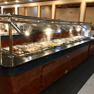 a buffet full of food