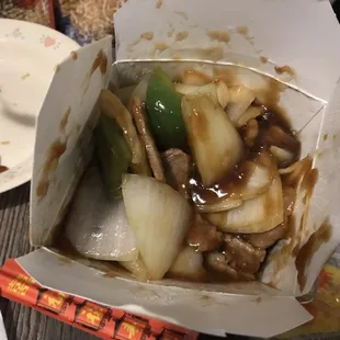 Pepper steak. Tender good beef taste. Give it 4 out of 5.