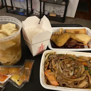 Won ton soup, steamed rice, pu pu platter, Mongolian beef and sauces