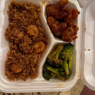 Shrimp fried rice, sesame chicken and Spicy   shrimp and broccoli