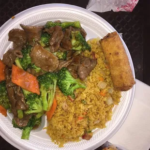 Beef with broccoli dinner special includes fried rice &amp; egg roll.