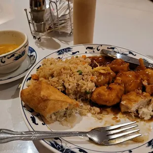 Lunch General Tso with egg drop soup fried rice and eggroll.