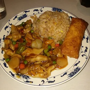 Almond Chicken With Fried Rice And Egg Roll - ($9.50).  Very Good Value For The Money.