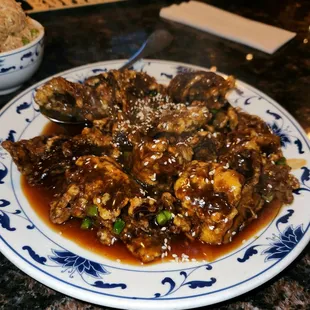 Sesame Beef - Dinner Size For ~$14.  Breaded Beef, Very Crispy Outside, and Very Tender Beef Inside.
