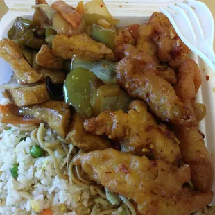 Chow mein, fried rice, tofu with garlic sauce and spicy salty fish. Looked delicious but disappointed me...