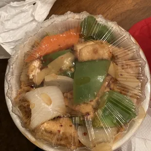 Tofu with spicy garlic sauce bowl with veggie chow mein