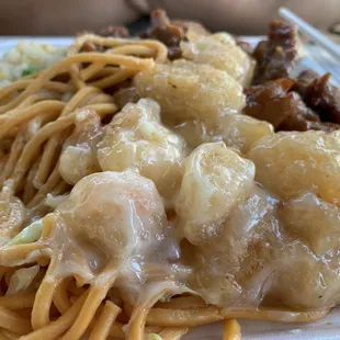 Two Entree: Fried Rice, Chow Mein, Jalapeño Chicken and some kind of shrimp.