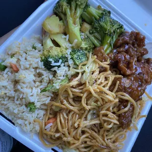 Broccoli with Beef and Orange Chicken with half rice and half chow mein.