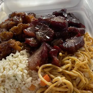 Combo B Special bbq pork and Orange Chicken (Mild Spicy)