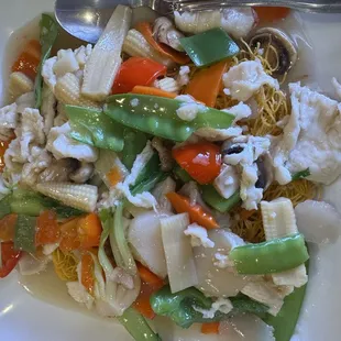 House Pan Fried Noodles with chicken, shrimp, and vegetables