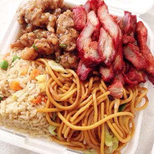 Black pepper chicken, BBQ pork, fried rice, chow mein