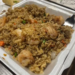 shrimp fried rice in a styrofoam container