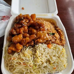 chicken and noodles in a styrofoam container