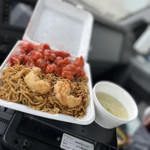 Sweet and sour pork with prawns and chow mein