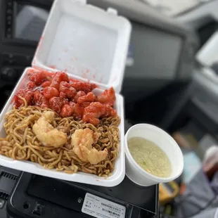 Lunch special sweet sour pork with prawns and chow mein