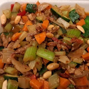 We just opened up the box of our Kung Pao pork and wondering what vegetable dish did we order? Barely any pork in this, mainly scraps.