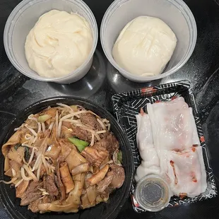 Chicken jumbo Bao, BBQ Pork Bun/Char Siu Bao, Beef Brisket Chow Foon, Roasted Pork Rice Noodle Crepe