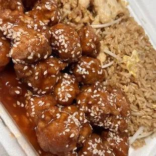 Sesame chicken and chicken fried rice