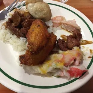 Pepper steak, dumplings, wings, and seafood surprise