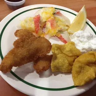 Seafood surprise, cottage cheese, crab rangoon, and fried fish