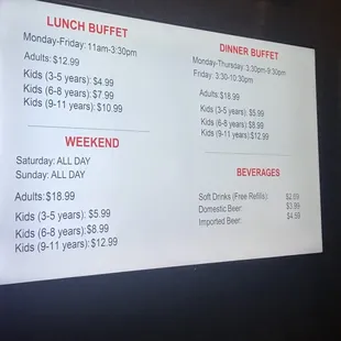 Menu, Prices