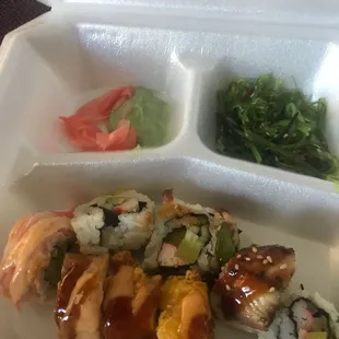 Sushi - imitation crab, eel, fried bagel, California roll, seaweed salad