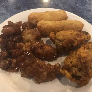 Buffet hodgepodge of food.