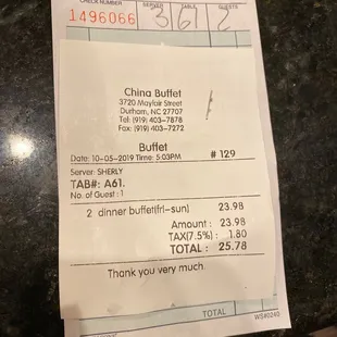 Receipt for 2 buffet with water on Saturday at 5pm