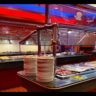 a buffet with a variety of food items