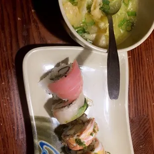 Sushi Roll Variety and Egg Drop Soup