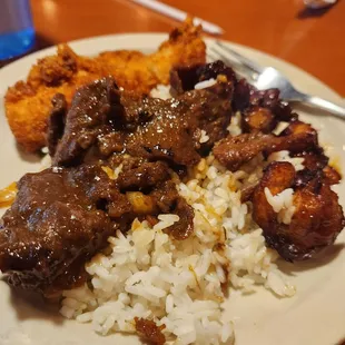 Rice,tempura chicken,Mongolian beef
