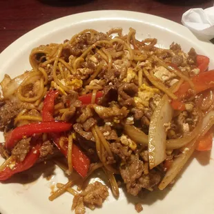 My pork, chicken, noodle, onion, pepper, and egg creation from the Mongolian grill