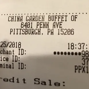 a receipt for a chinese buffet