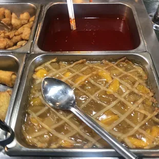 Peach cobbler and sweet and sour sauce.