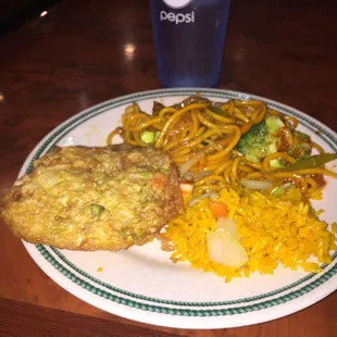 Egg foo yong lo mein and fried rice