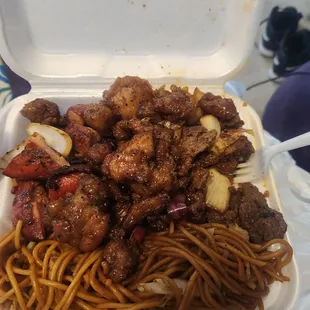 3 entree combo with Mongolian beef, black pepper chicken, and bourbon chicken.