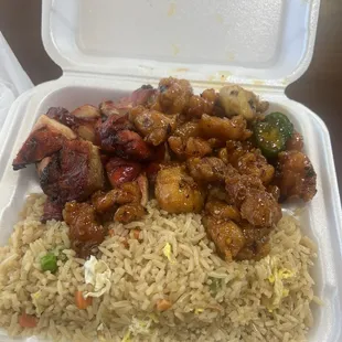 Bourbon chicken + black pepper chicken and fried rice.