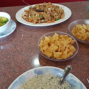 Fried chicken and rice...sizzling rice soup and egg drop...yummy!!!