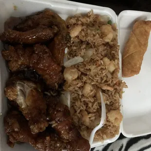 Braised wings, shrimp fried rice, egg roll. Always a treat. Food is fresh and cooked to order.