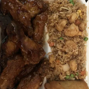 Braised wings, shrimp fried rice and egg roll.