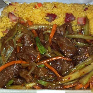 Szechuan Beef with Pork Fried Rice (combo) comes with Egg Roll not in view.